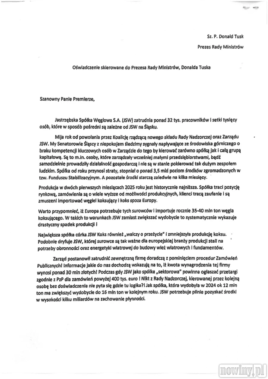 Oświadczenie senatorów w sprawie JSW - cz. 1
