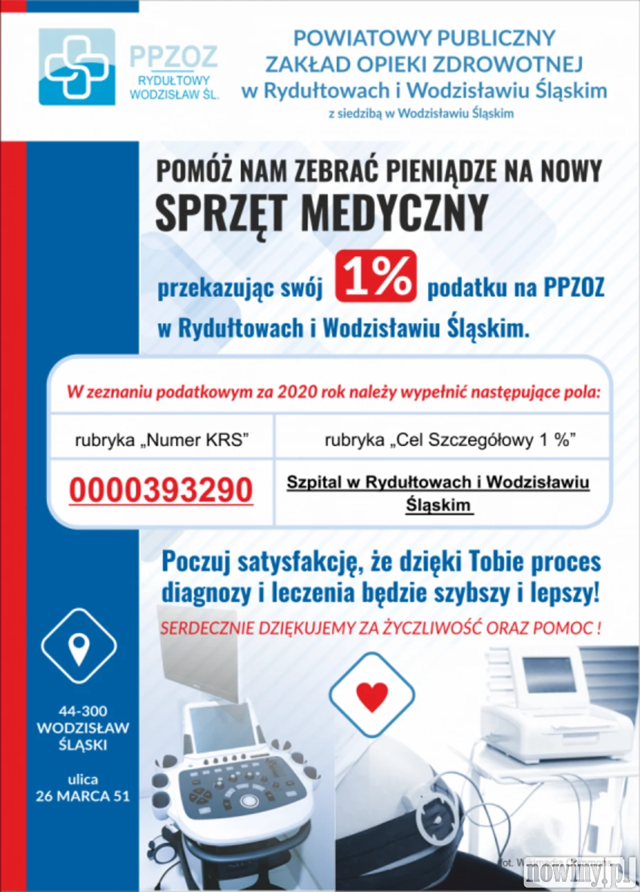 Przekaż 1% podatku na rzecz Szpitala w Rydułtowach i Wodzisławiu Śląskim
