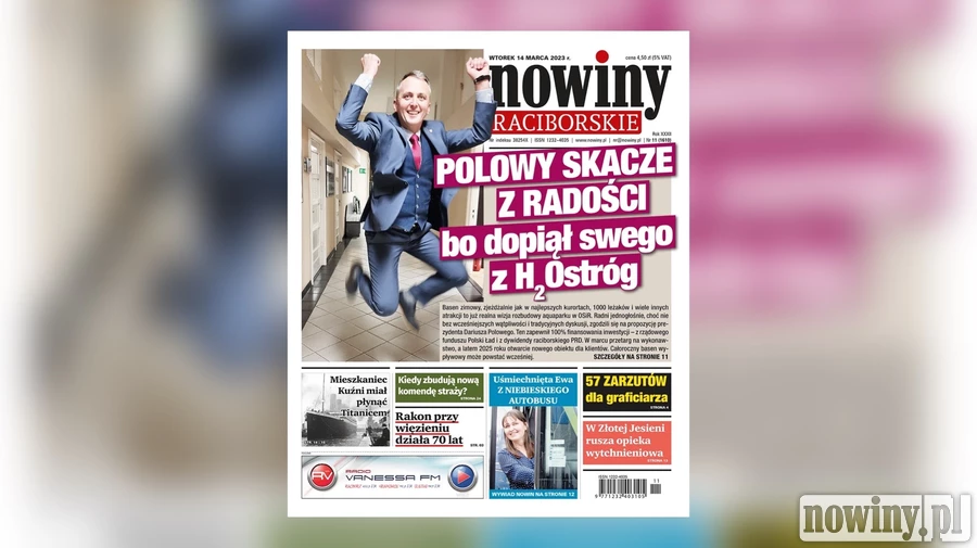 Nowiny Raciborskie na okładce ze skaczącym z radości prezydentem Polowym