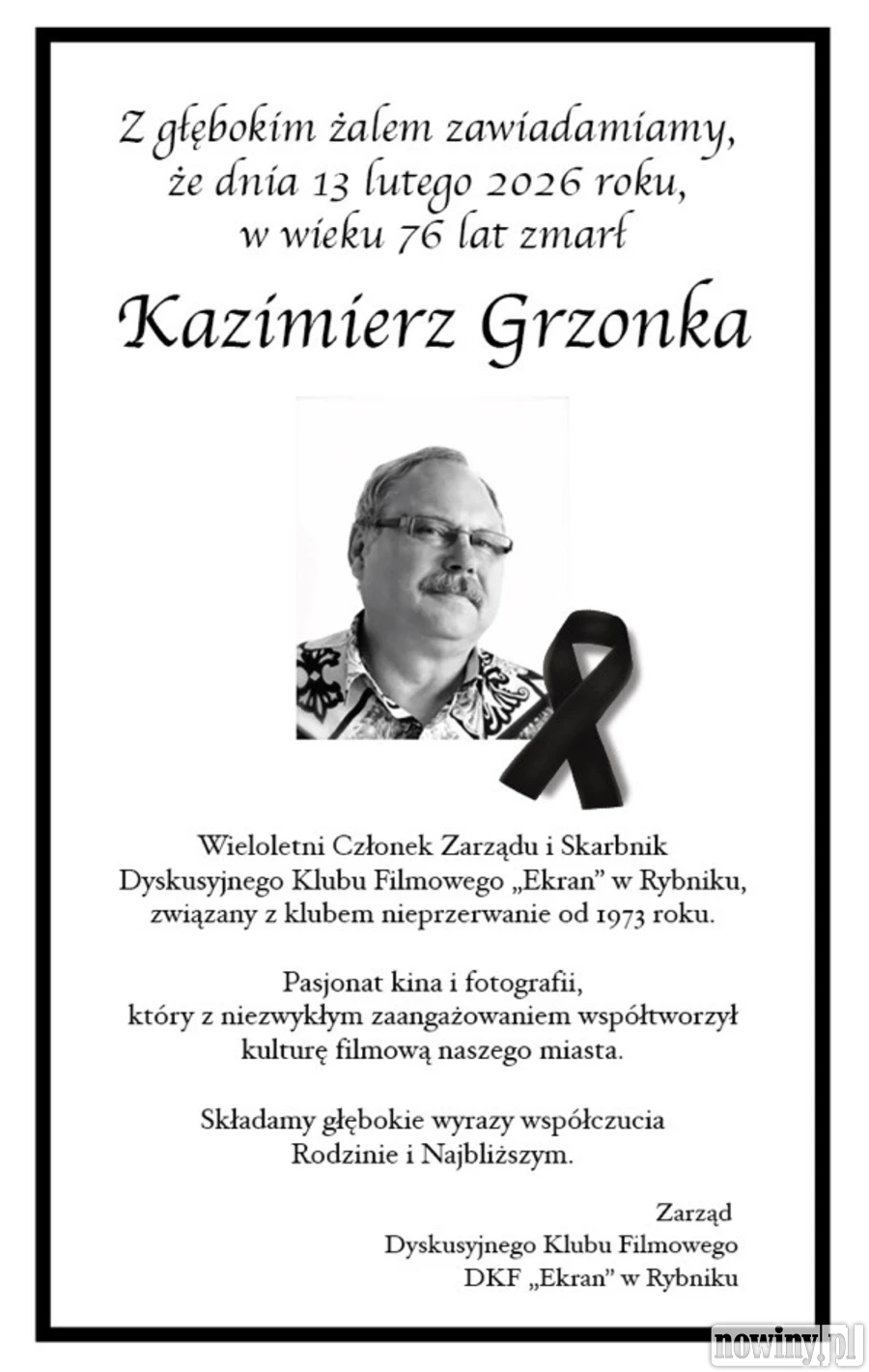 Zgasło jedno ze świateł sali kinowej. Rybnik żegna Kazimierza Grzonkę